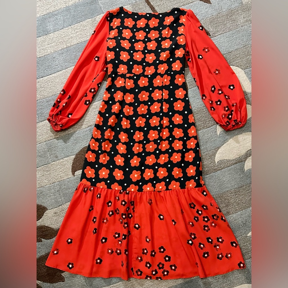 Topshop Long Sleeve Flounced Floral ColorBlock Midi Dress Navy & Poppy Red TB15 - Picture 6 of 12
